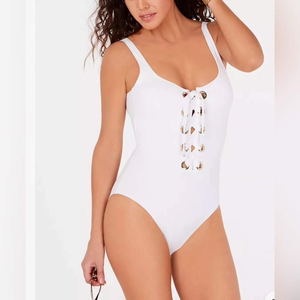 Michael Kors women’s WHITE Lace-up with gold details One-Piece Swimsuit size 8